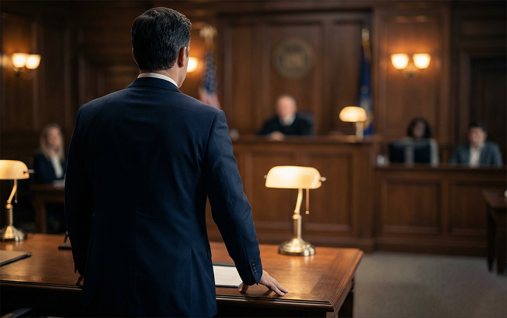 Attorney presenting case in courtroom before judge